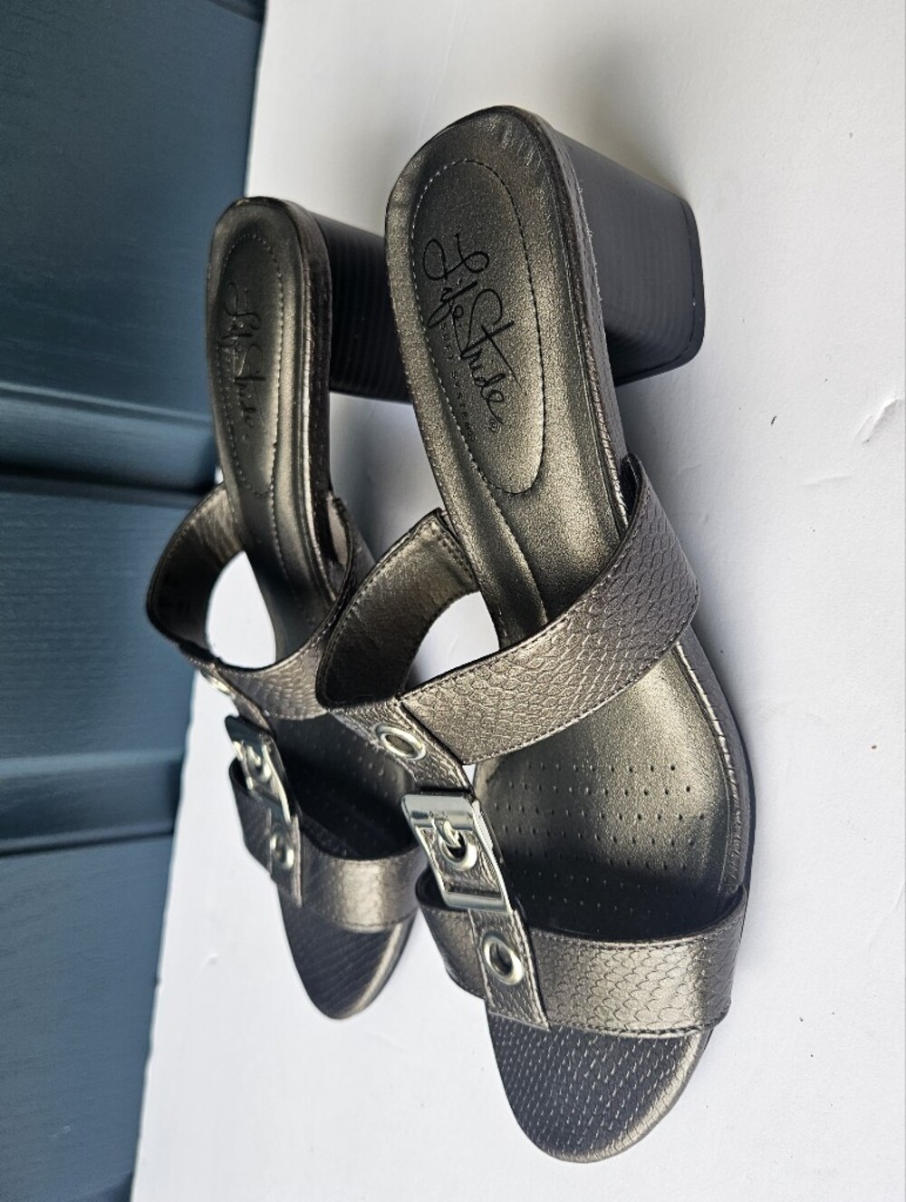 Life Stride Soft System Rayana Metallic Pewter Buckle Accents Slide Sandals